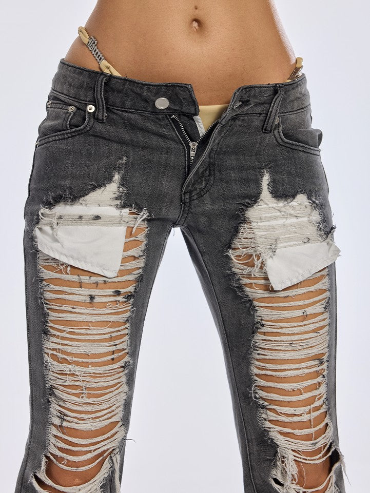 BUM STUDIO Punk Revival Heavy Distressed Low Rise Women's Denim Straight-leg Jeans