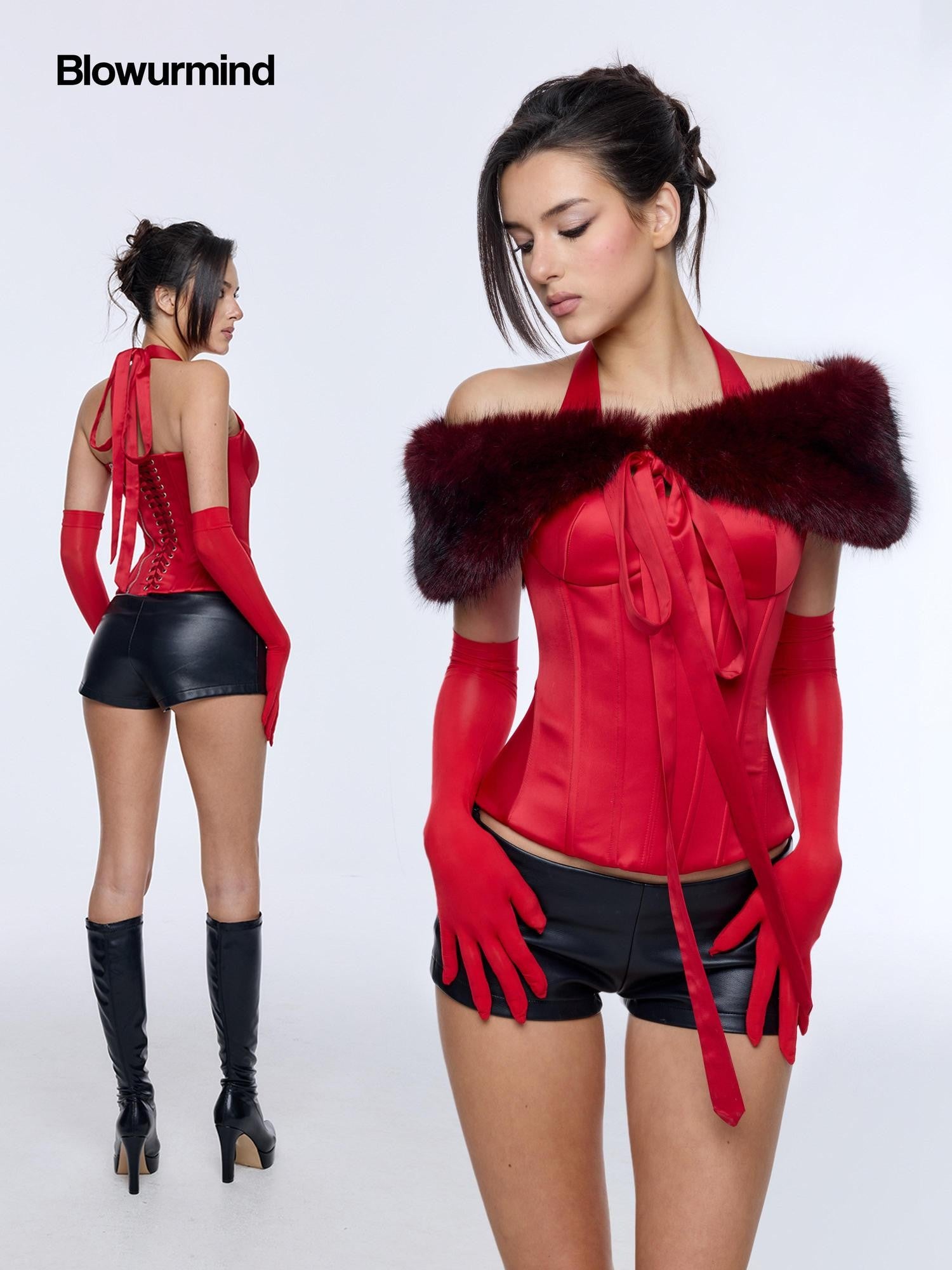 BUM STUDIO Red Halter Lace Up Boned Waist Removable Pad Women's Satin Corset Camisoles