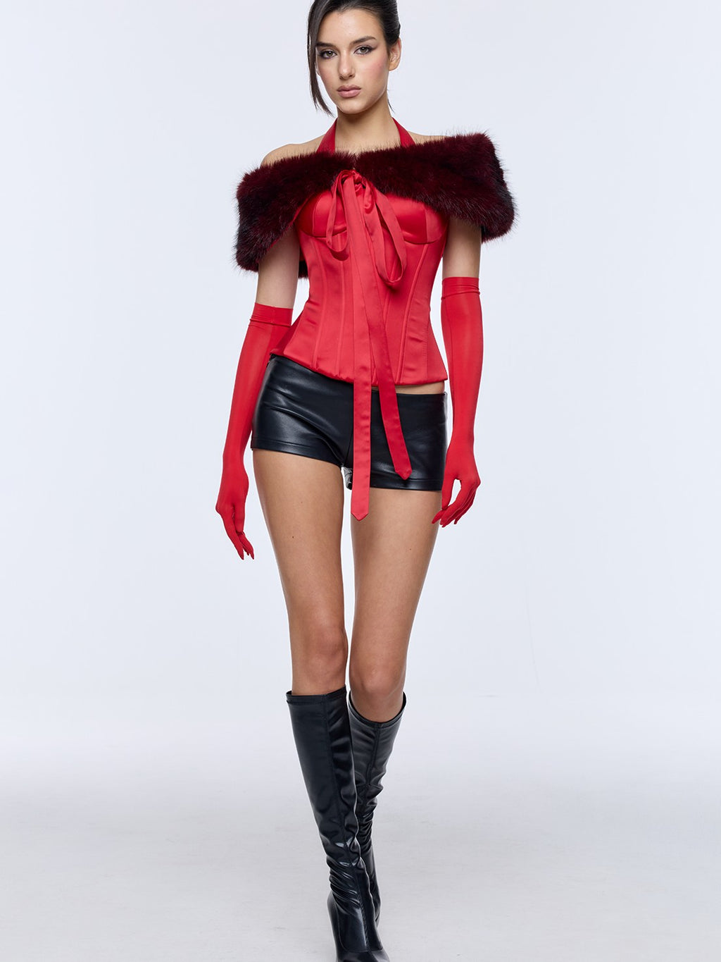 BUM STUDIO Red Halter Lace Up Boned Waist Removable Pad Women's Satin Corset Camisoles