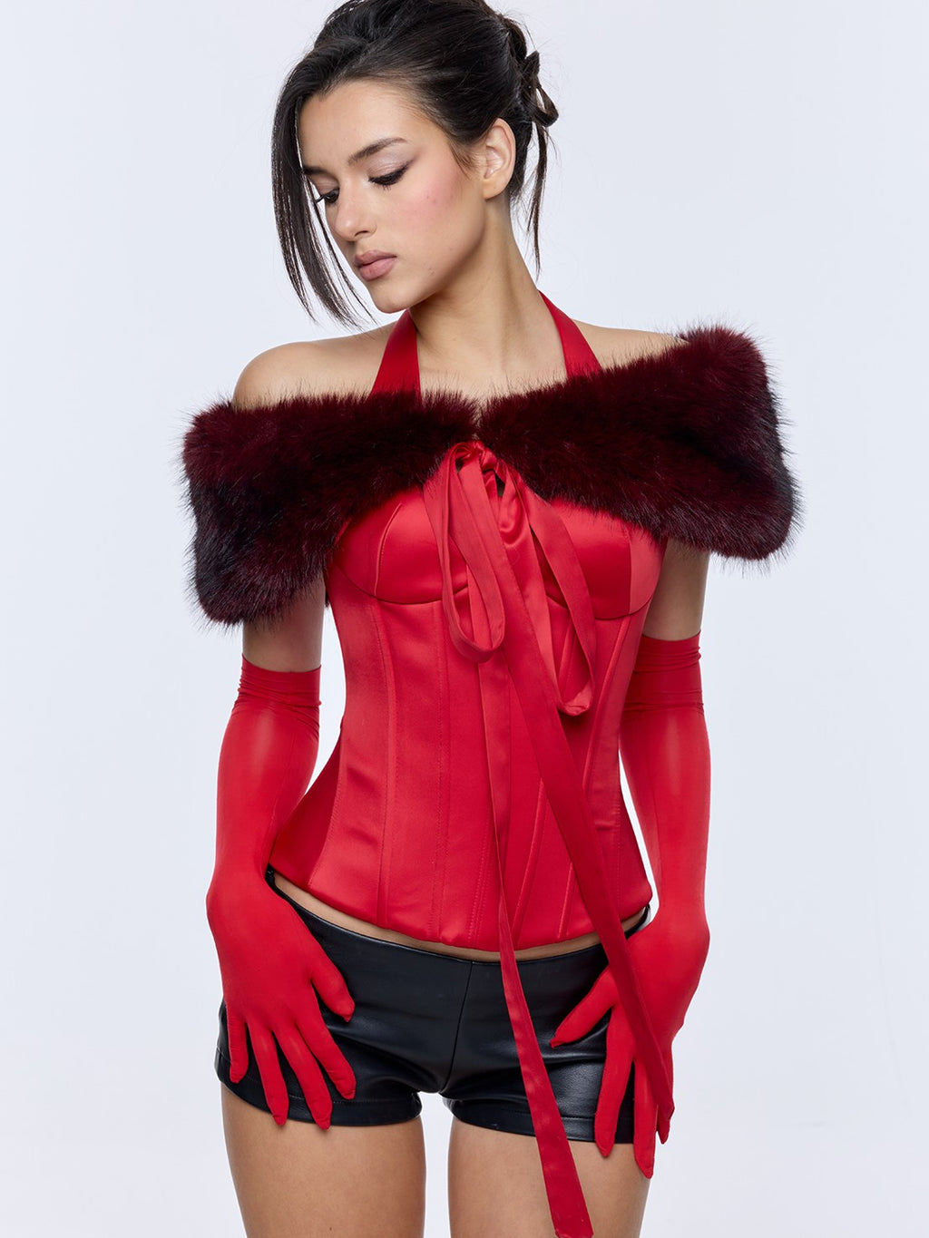 BUM STUDIO Red Halter Lace Up Boned Waist Removable Pad Women's Satin Corset Camisoles