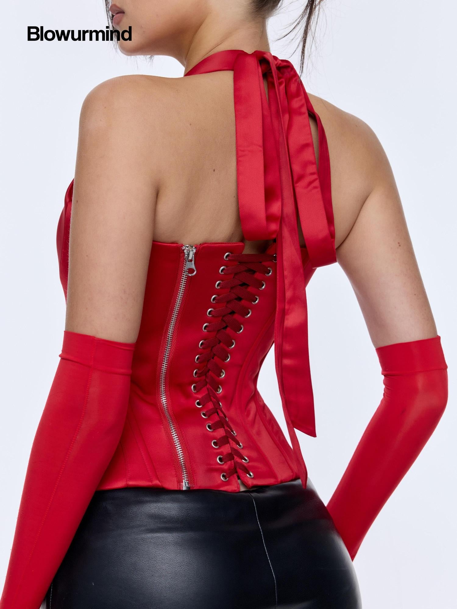 BUM STUDIO Red Halter Lace Up Boned Waist Removable Pad Women's Satin Corset Camisoles
