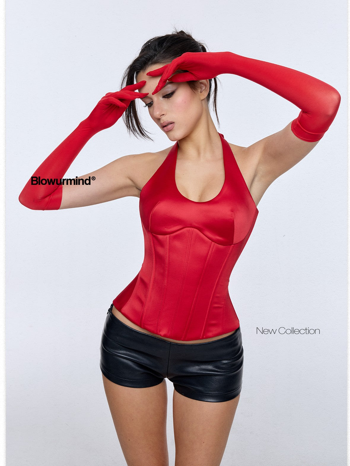 BUM STUDIO Red Halter Lace Up Boned Waist Removable Pad Women's Satin Corset Camisoles