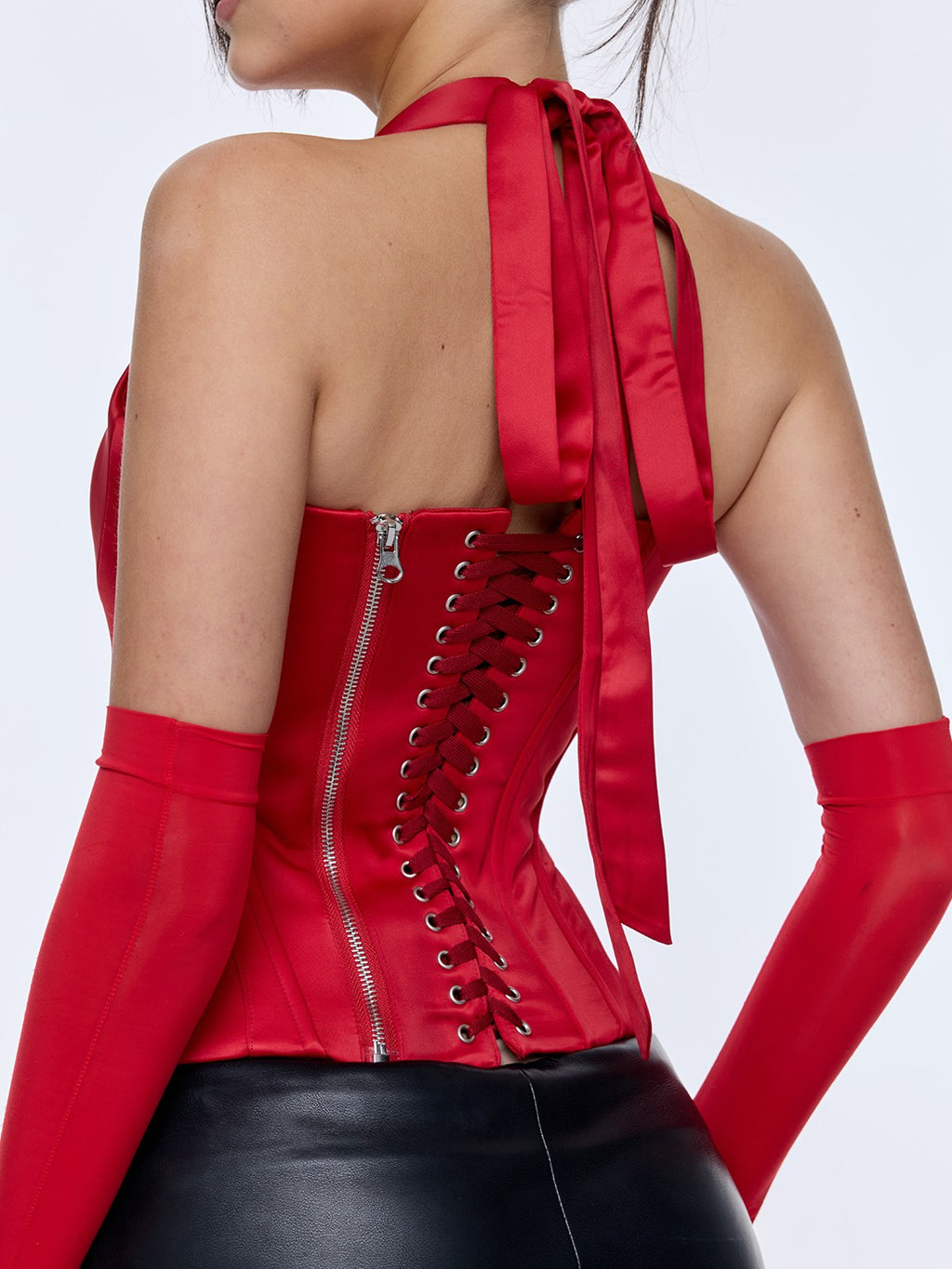 BUM STUDIO Red Halter Lace Up Boned Waist Removable Pad Women's Satin Corset Camisoles