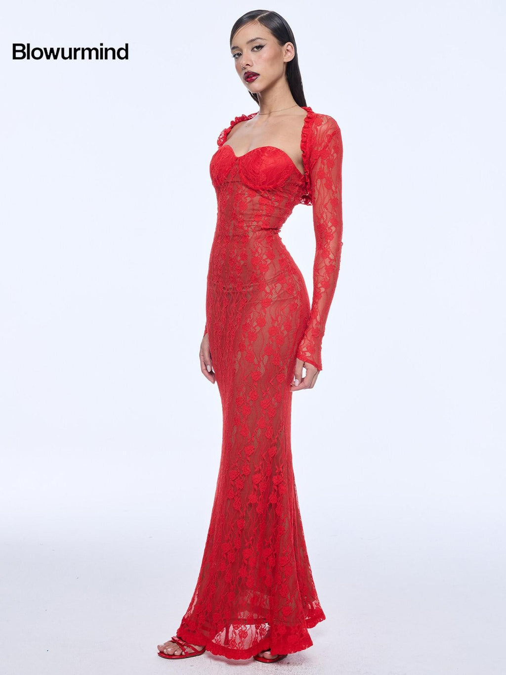BUM STUDIO Red Lace Double Layer Mermaid Women's Cotton Blend Bodycon Maxi Dresses