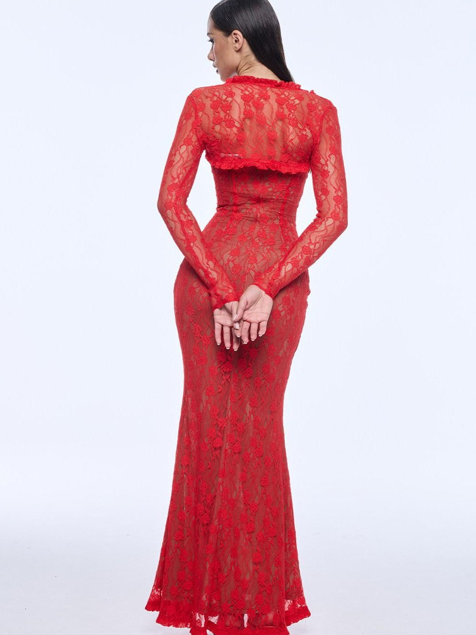 BUM STUDIO Red Lace Double Layer Mermaid Women's Cotton Blend Bodycon Maxi Dresses