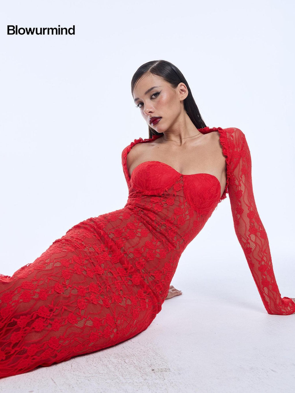 BUM STUDIO Red Lace Double Layer Mermaid Women's Cotton Blend Bodycon Maxi Dresses