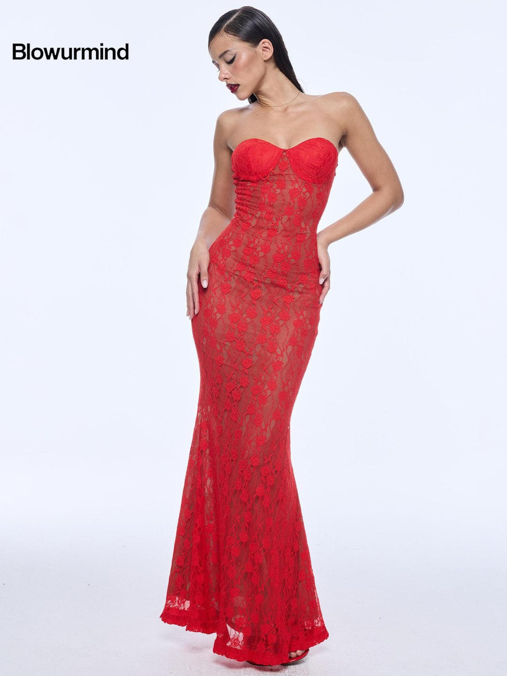 BUM STUDIO Red Lace Double Layer Mermaid Women's Cotton Blend Bodycon Maxi Dresses