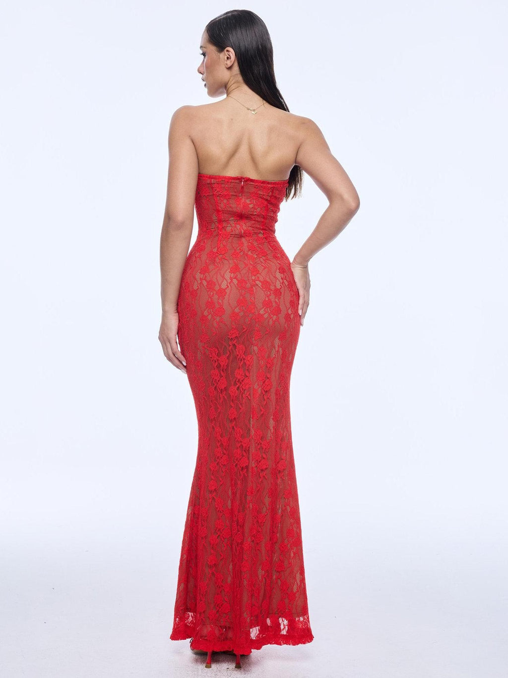 BUM STUDIO Red Lace Double Layer Mermaid Women's Cotton Blend Bodycon Maxi Dresses