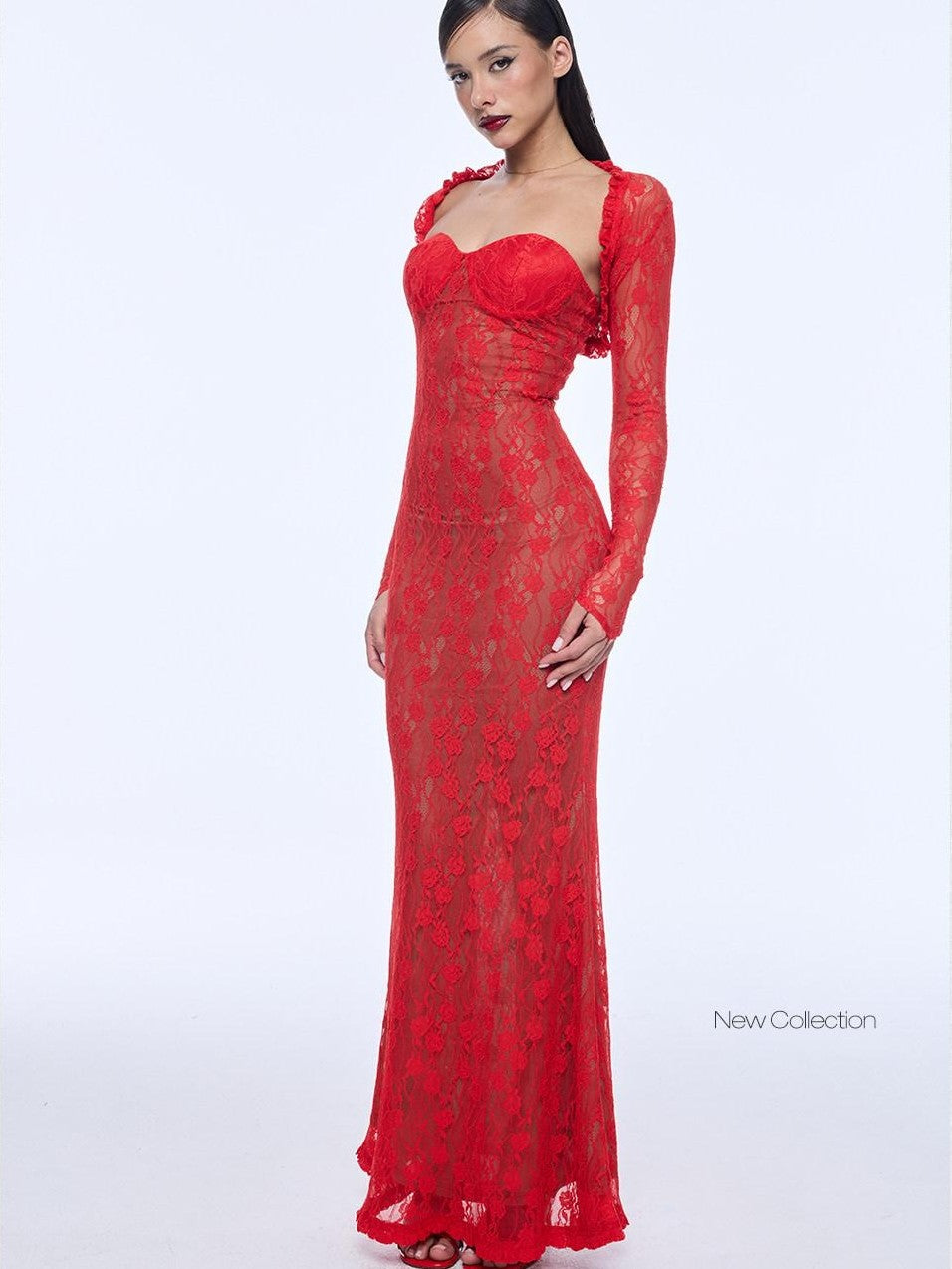 BUM STUDIO Red Lace Double Layer Mermaid Women's Cotton Blend Bodycon Maxi Dresses