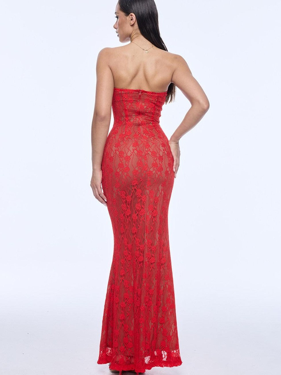 BUM STUDIO Red Lace Double Layer Mermaid Women's Cotton Blend Bodycon Maxi Dresses
