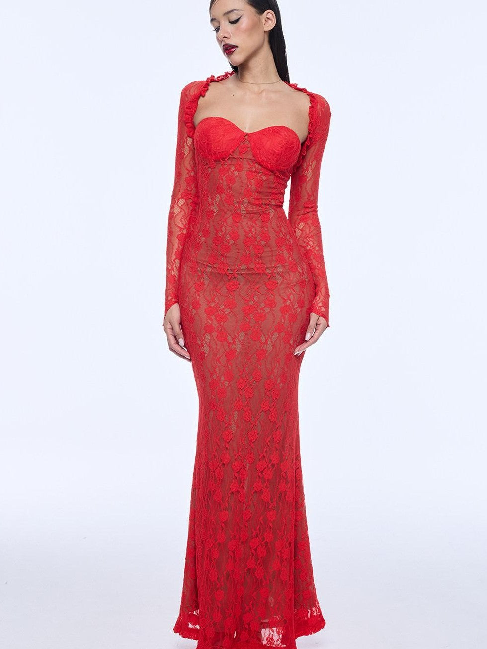 BUM STUDIO Red Lace Double Layer Mermaid Women's Cotton Blend Bodycon Maxi Dresses