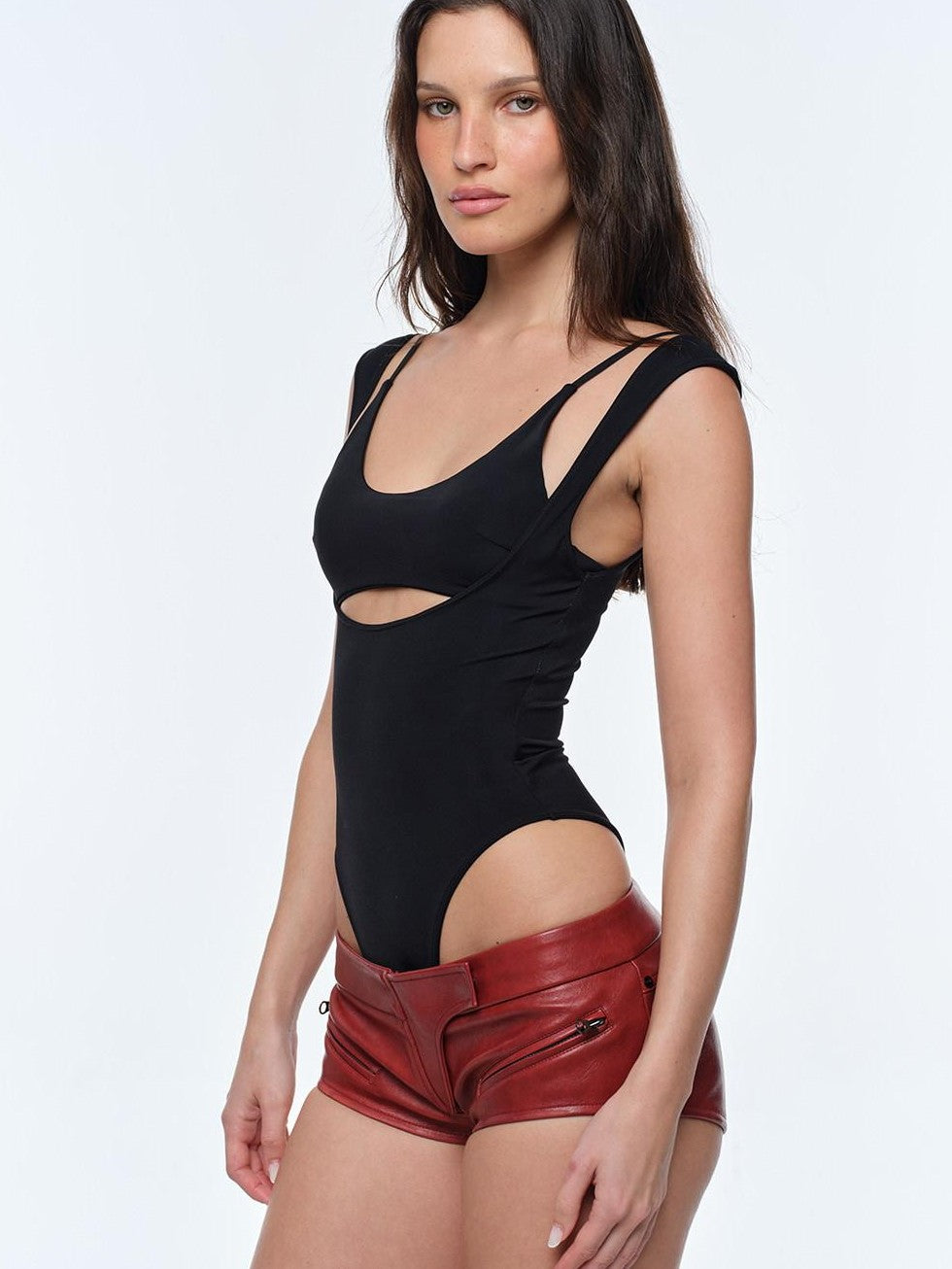 BUM STUDIO Red Oil Wax Effect Ultra Low Rise Slim Fit Women's Pu Leather Shorts