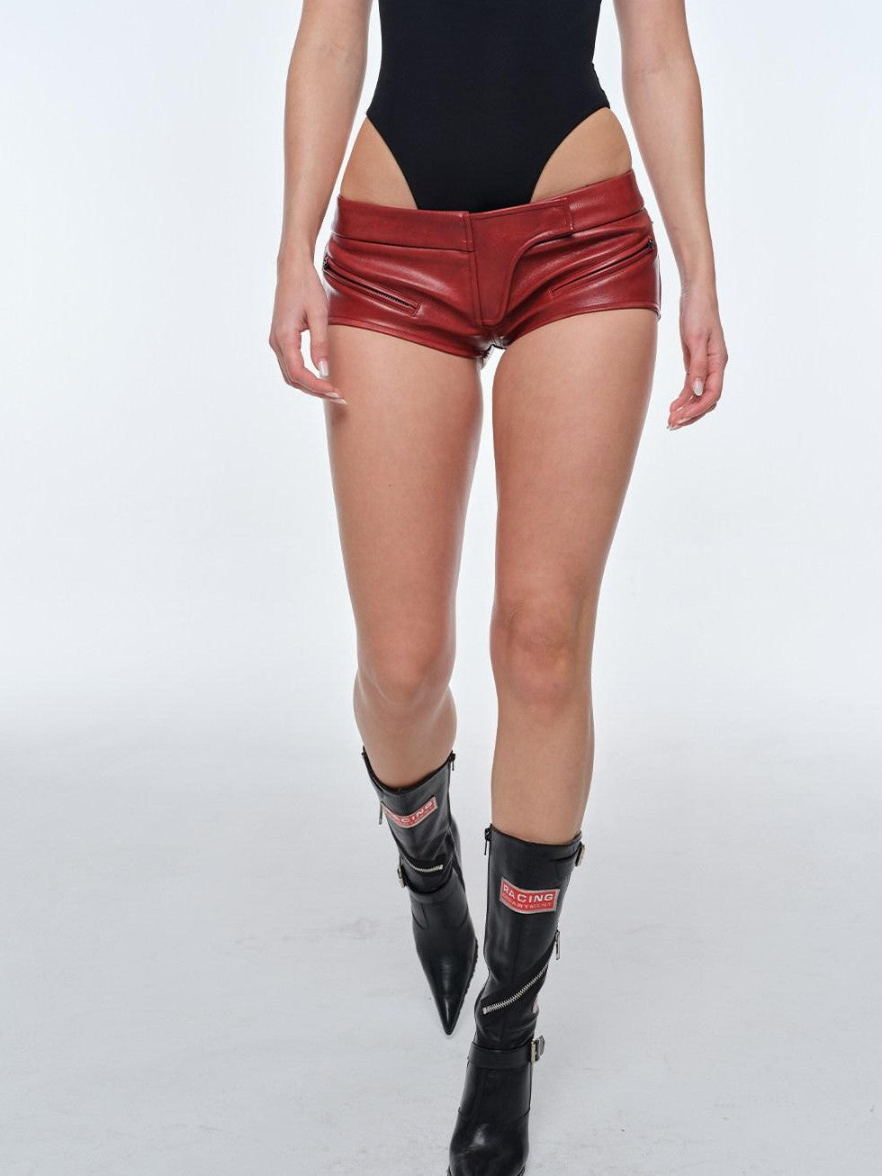 BUM STUDIO Red Oil Wax Effect Ultra Low Rise Slim Fit Women's Pu Leather Shorts