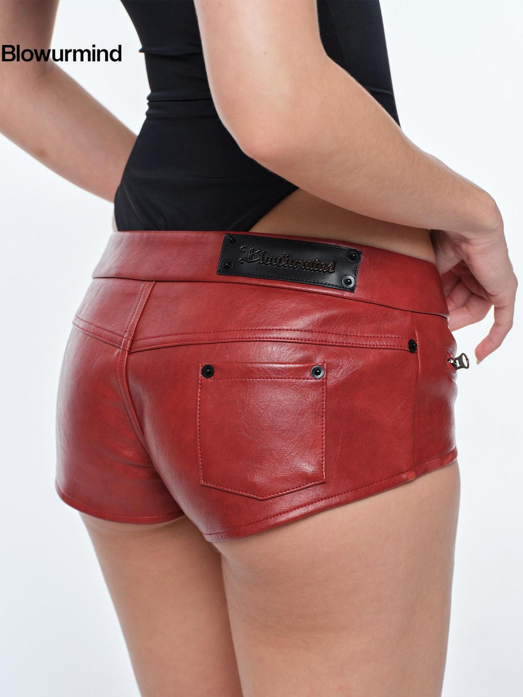 BUM STUDIO Red Oil Wax Effect Ultra Low Rise Slim Fit Women's Pu Leather Shorts