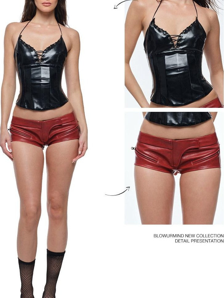 BUM STUDIO Red Oil Wax Effect Ultra Low Rise Slim Fit Women's Pu Leather Shorts