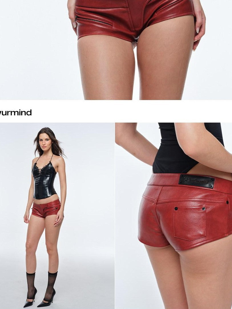BUM STUDIO Red Oil Wax Effect Ultra Low Rise Slim Fit Women's Pu Leather Shorts
