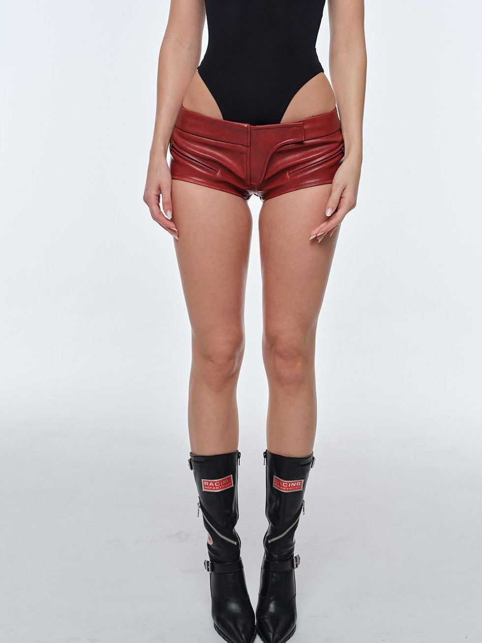 BUM STUDIO Red Oil Wax Effect Ultra Low Rise Slim Fit Women's Pu Leather Shorts