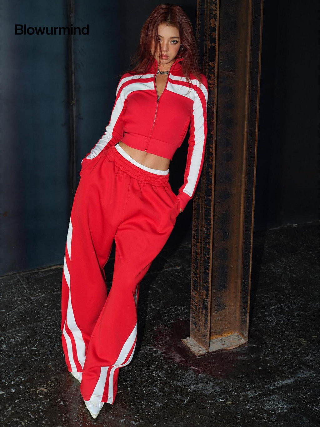 BUM STUDIO Retro Street Striped Zip Stand Collar Slim Waist Women's Cotton Tracksuit Sets