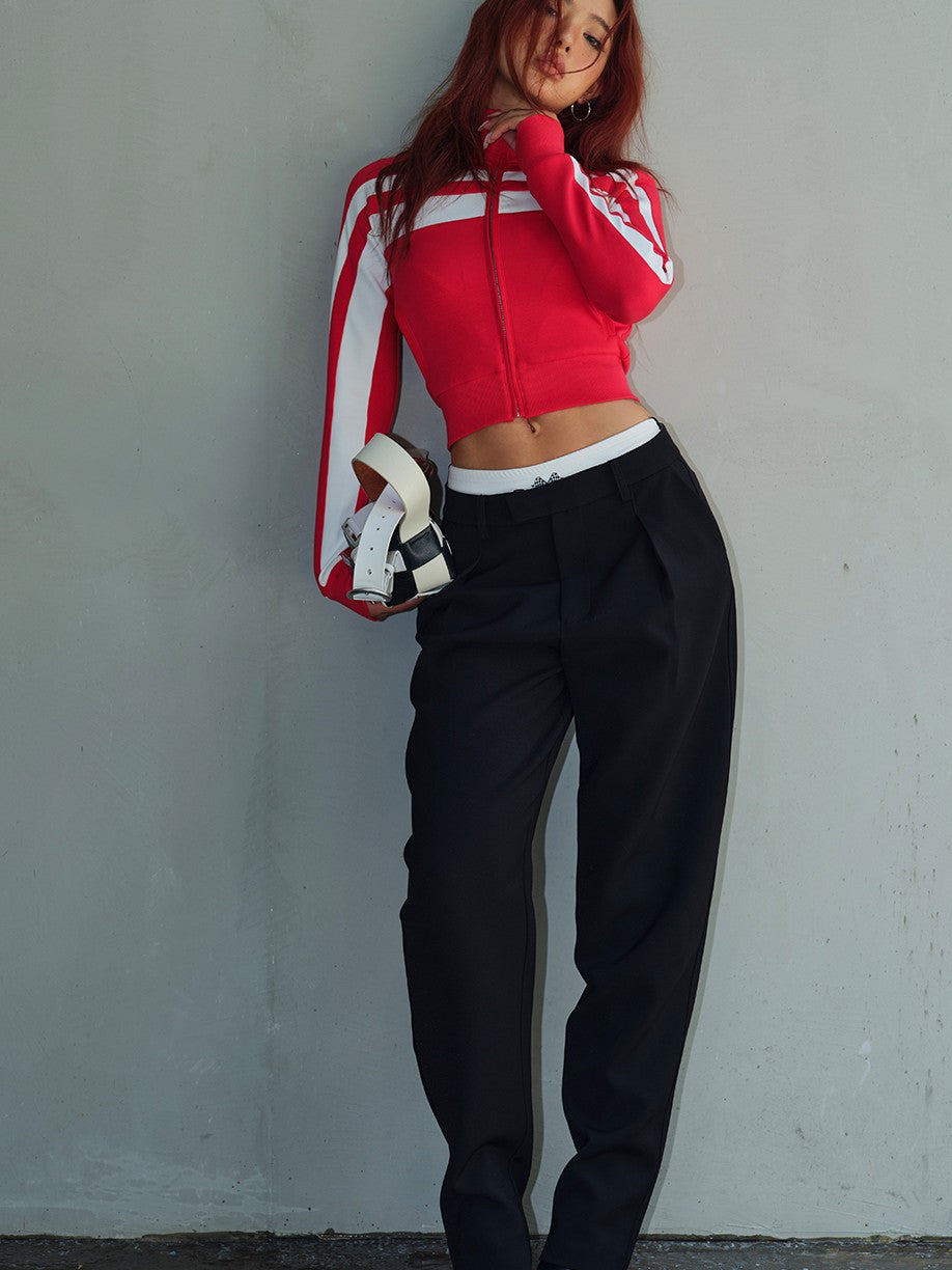 BUM STUDIO Retro Street Striped Zip Stand Collar Slim Waist Women's Cotton Tracksuit Sets
