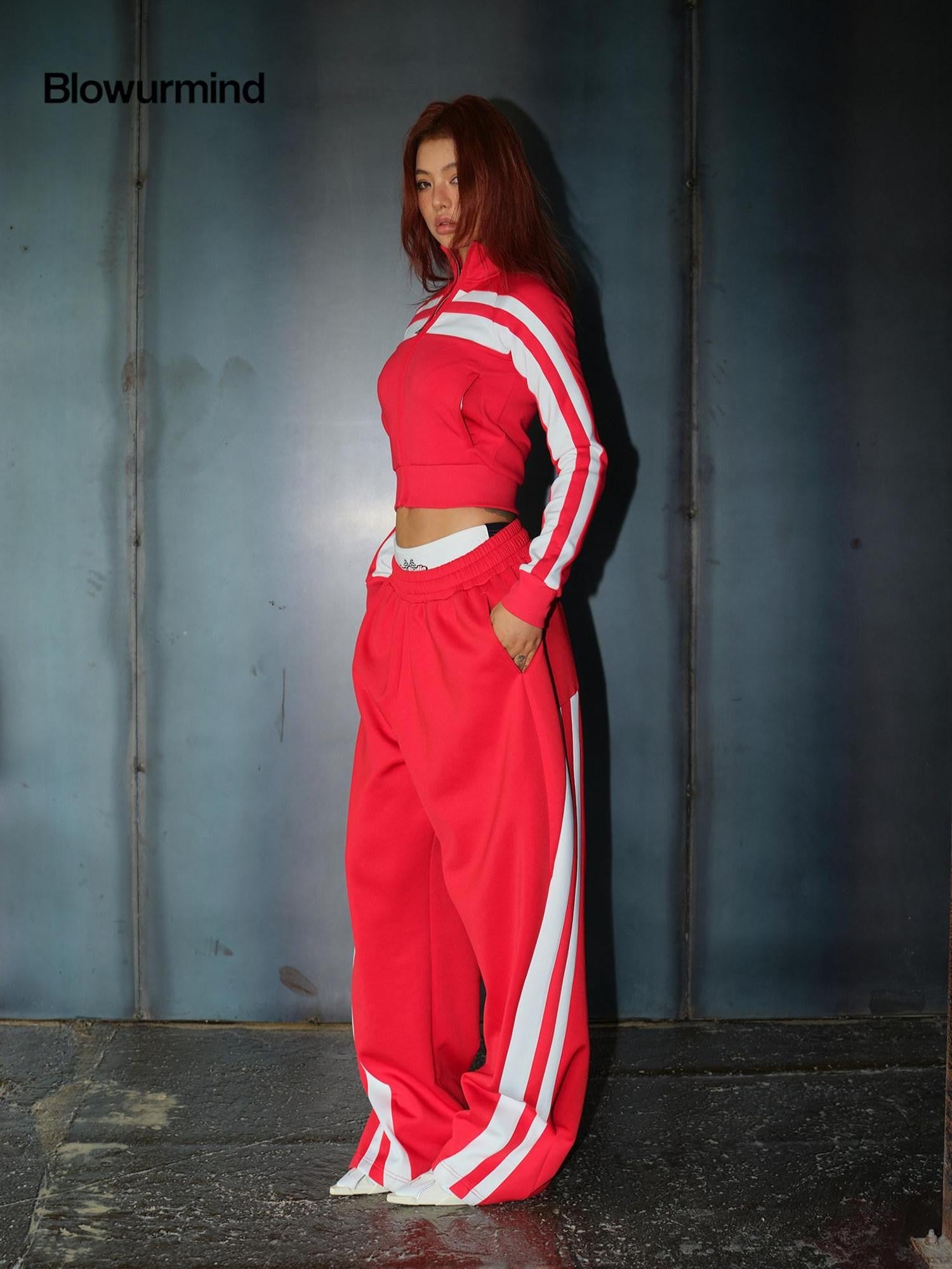 BUM STUDIO Retro Street Striped Zip Stand Collar Slim Waist Women's Cotton Tracksuit Sets