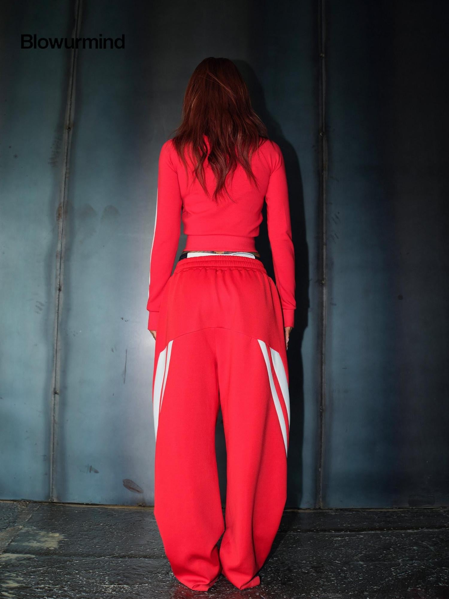 BUM STUDIO Retro Street Striped Zip Stand Collar Slim Waist Women's Cotton Tracksuit Sets