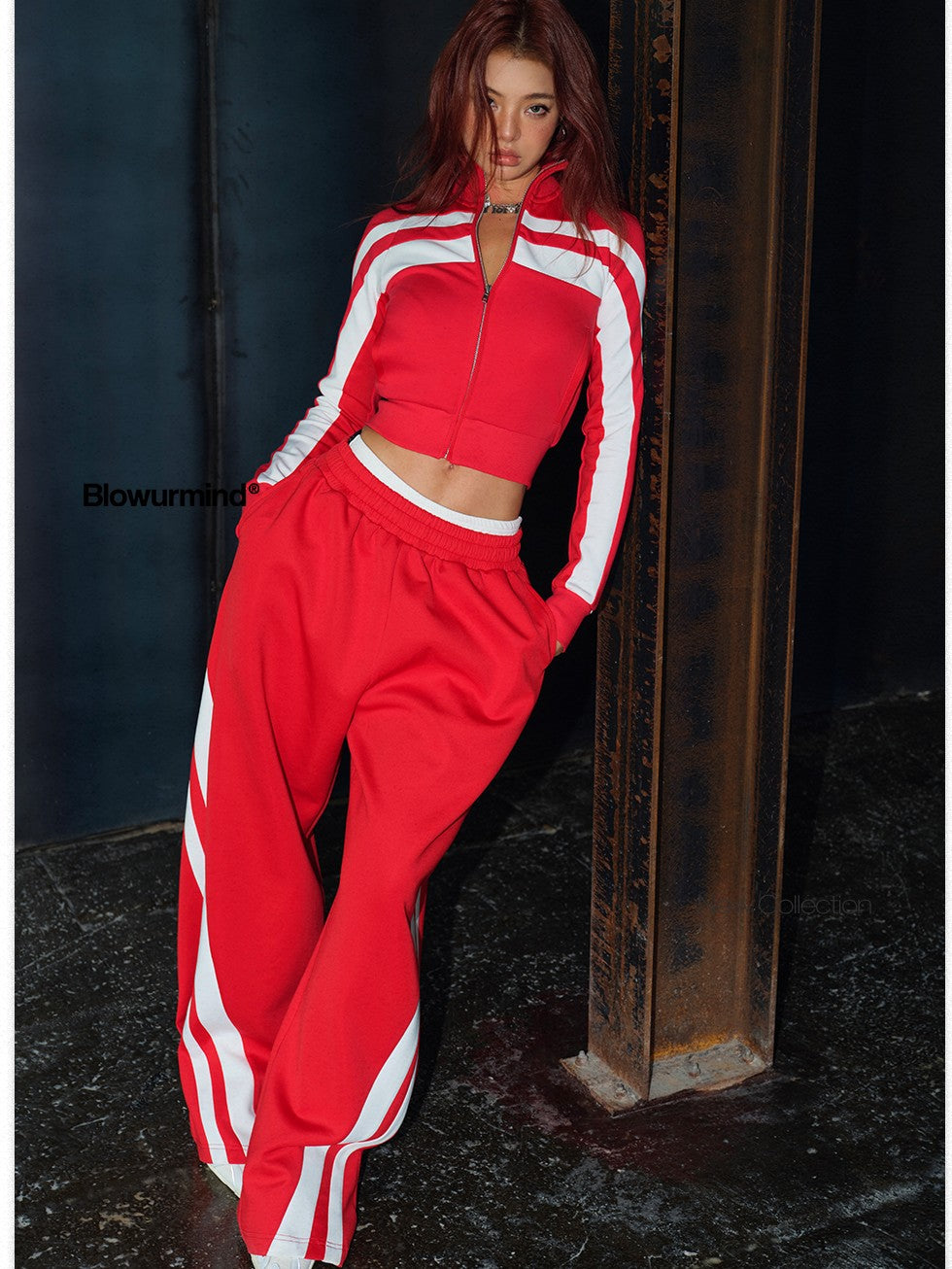 BUM STUDIO Retro Street Striped Zip Stand Collar Slim Waist Women's Cotton Tracksuit Sets