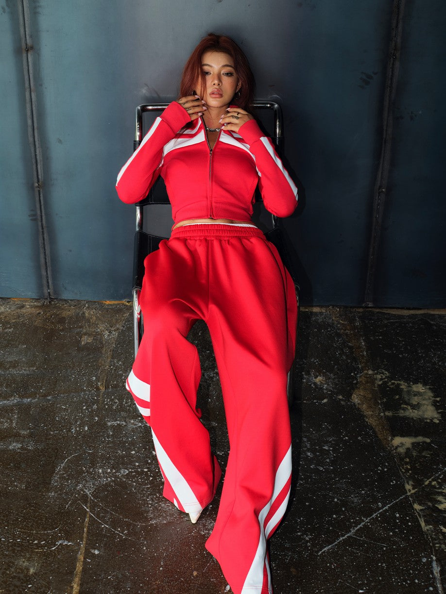BUM STUDIO Retro Street Striped Zip Stand Collar Slim Waist Women's Cotton Tracksuit Sets