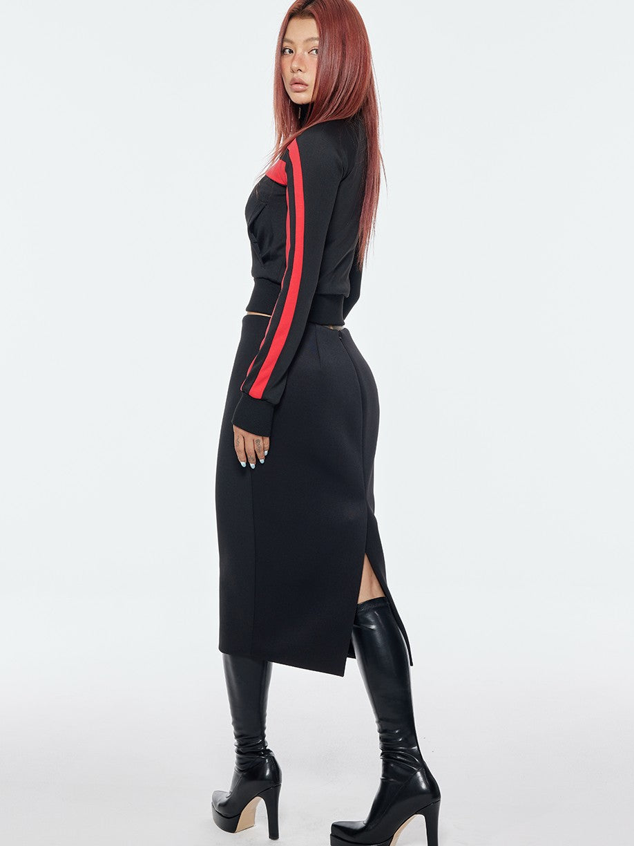 BUM STUDIO Retro Stripe Stand Collar Slim Waist Women's Cotton Blend Tracksuit Sets