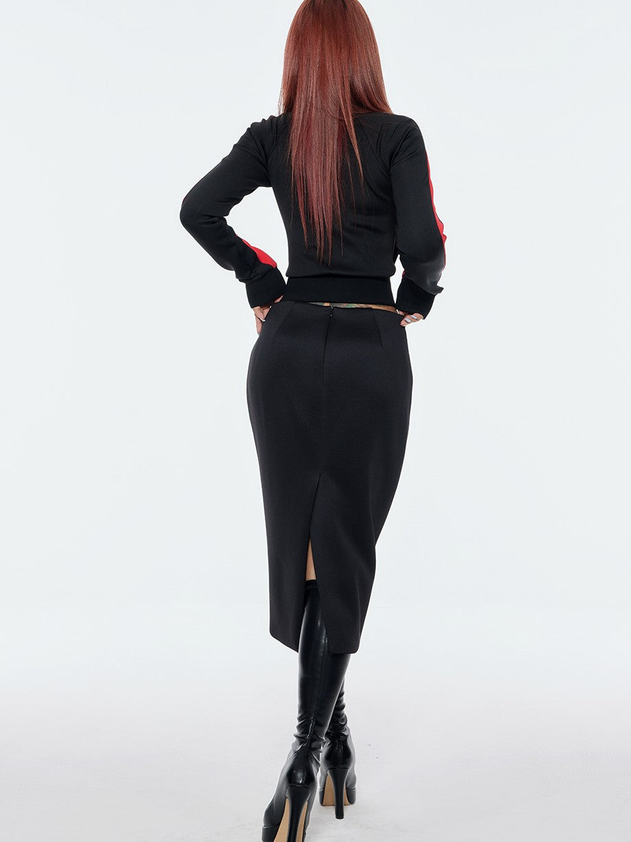 BUM STUDIO Retro Stripe Stand Collar Slim Waist Women's Cotton Blend Tracksuit Sets