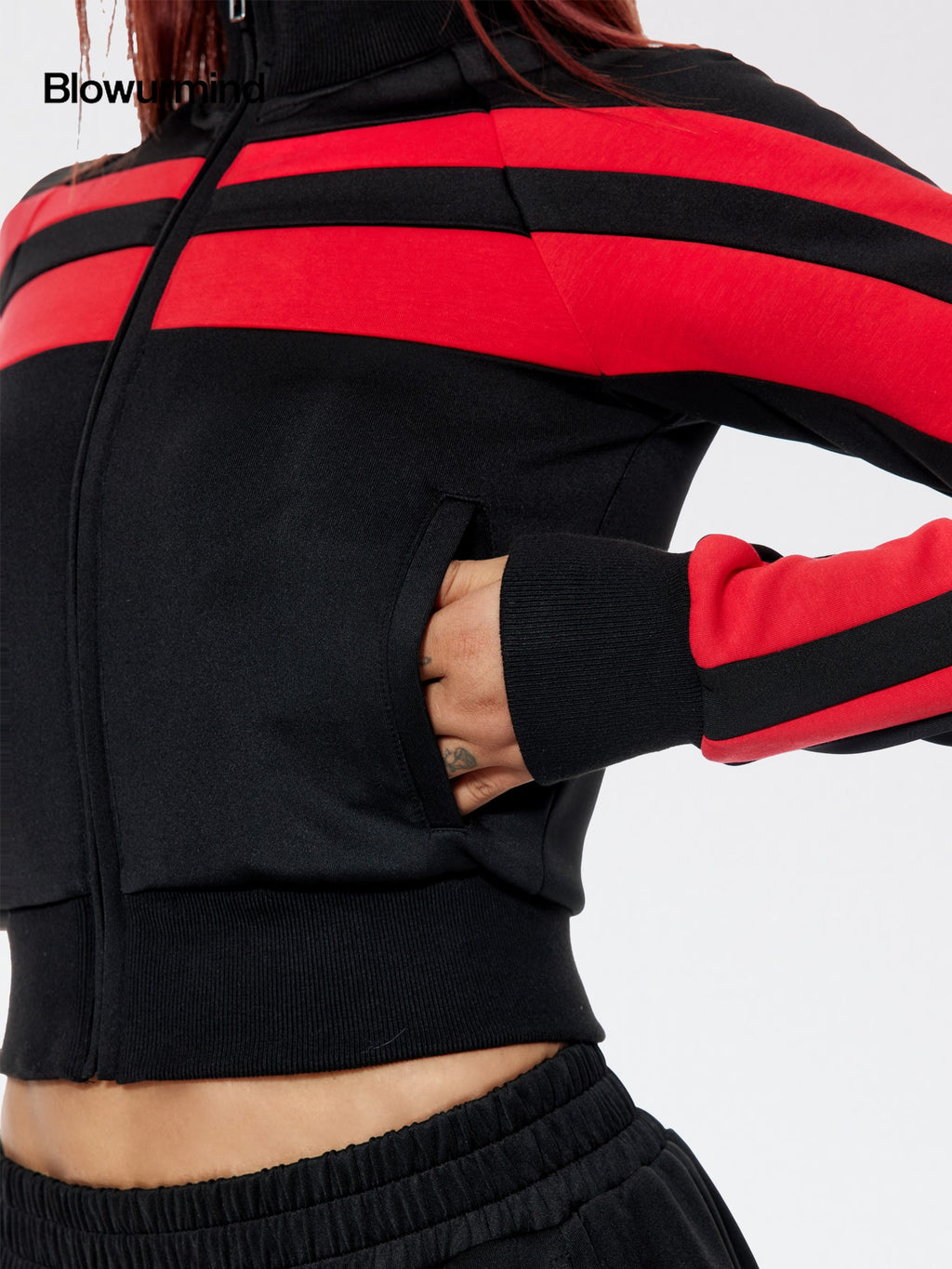 BUM STUDIO Retro Stripe Stand Collar Slim Waist Women's Cotton Blend Tracksuit Sets