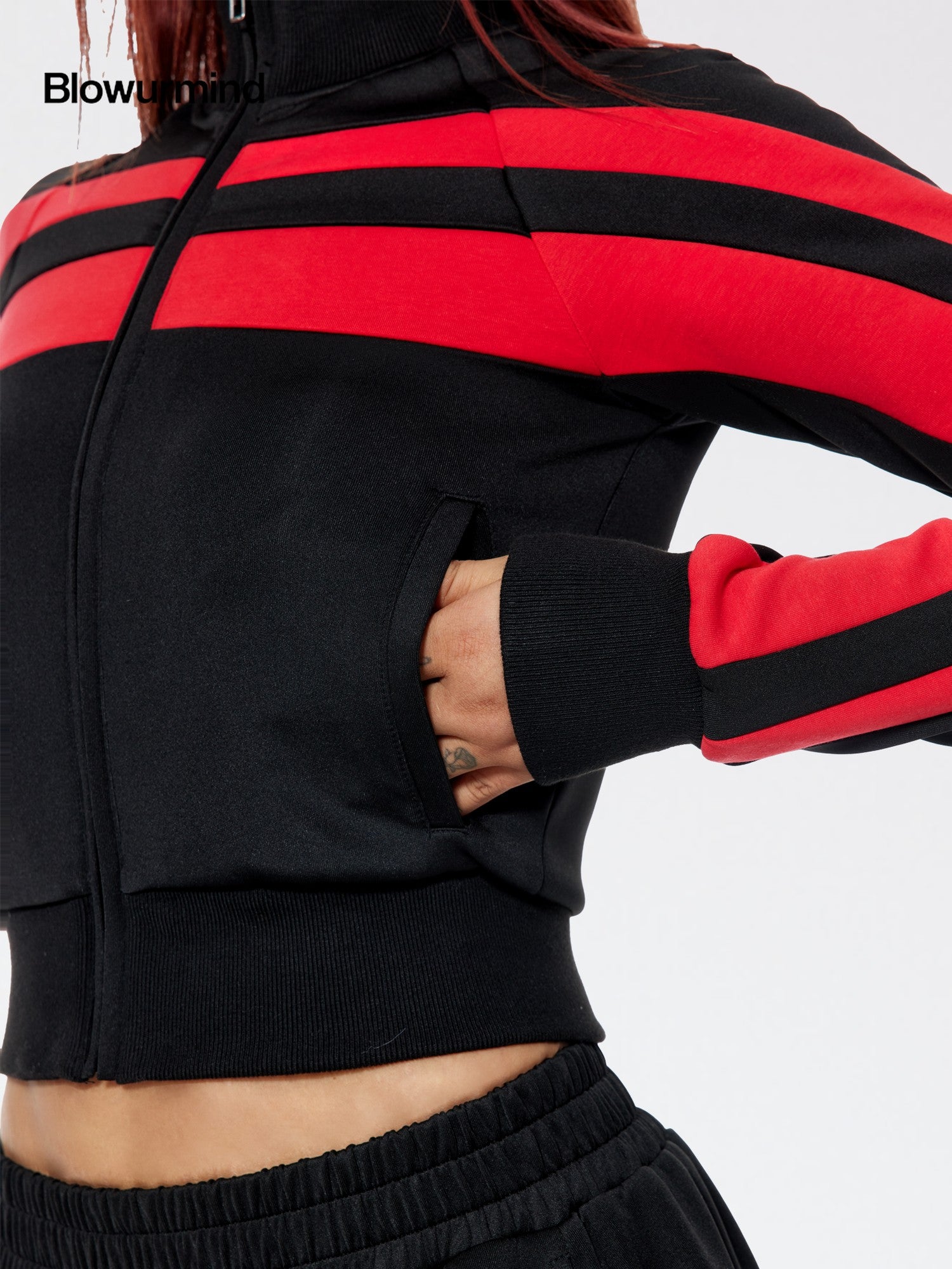 BUM STUDIO Retro Stripe Stand Collar Slim Waist Women's Cotton Blend Tracksuit Sets