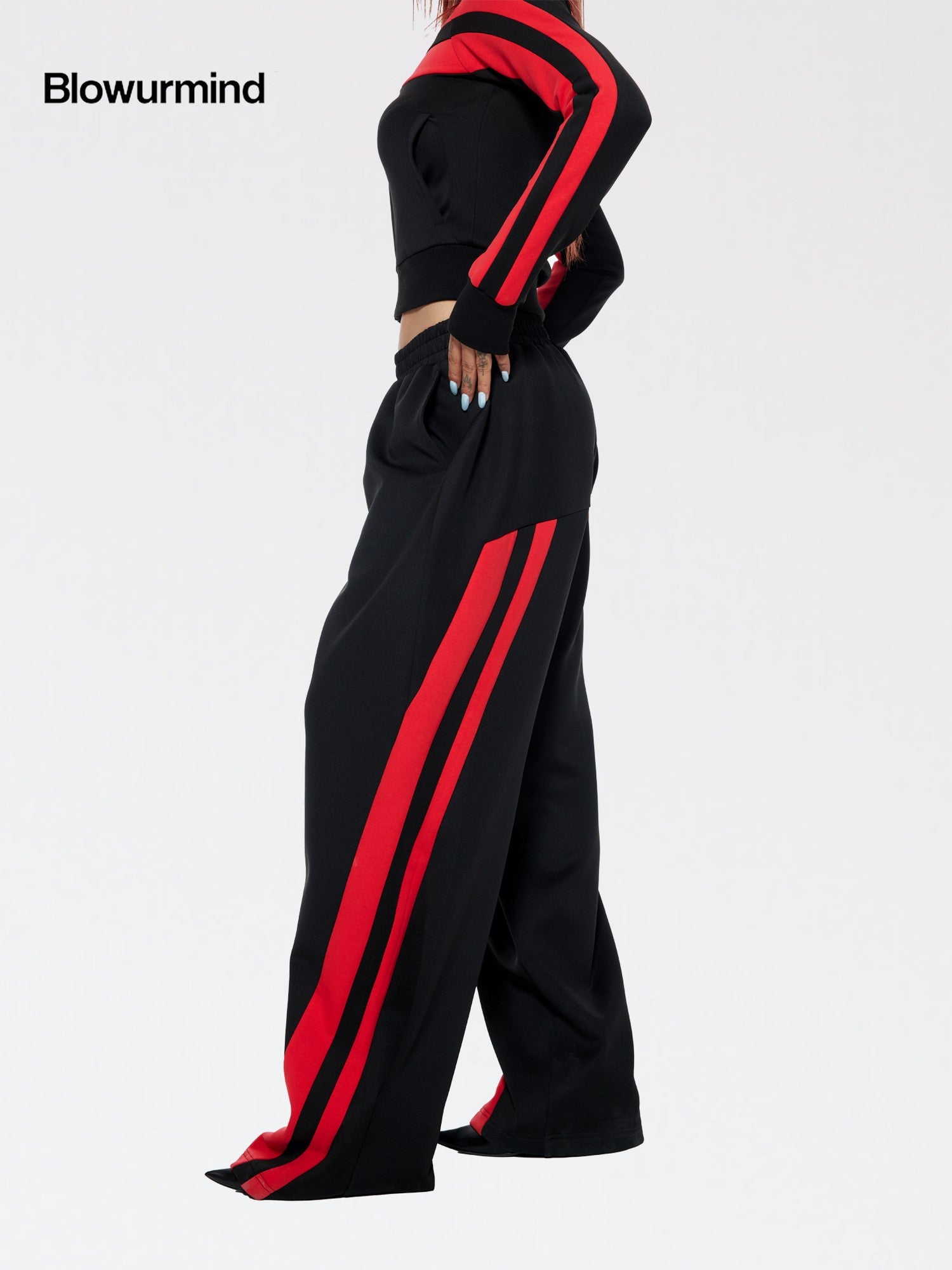BUM STUDIO Retro Stripe Stand Collar Slim Waist Women's Cotton Blend Tracksuit Sets
