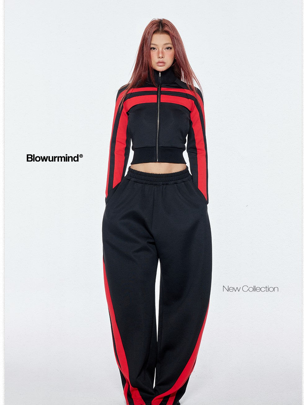 BUM STUDIO Retro Stripe Stand Collar Slim Waist Women's Cotton Blend Tracksuit Sets