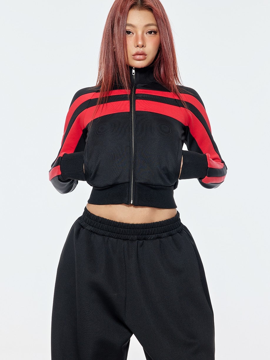 BUM STUDIO Retro Stripe Stand Collar Slim Waist Women's Cotton Blend Tracksuit Sets