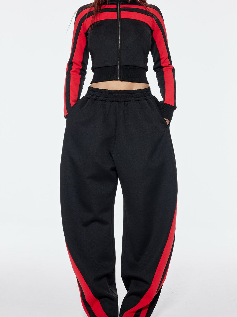 BUM STUDIO Retro Stripe Stand Collar Slim Waist Women's Cotton Blend Tracksuit Sets