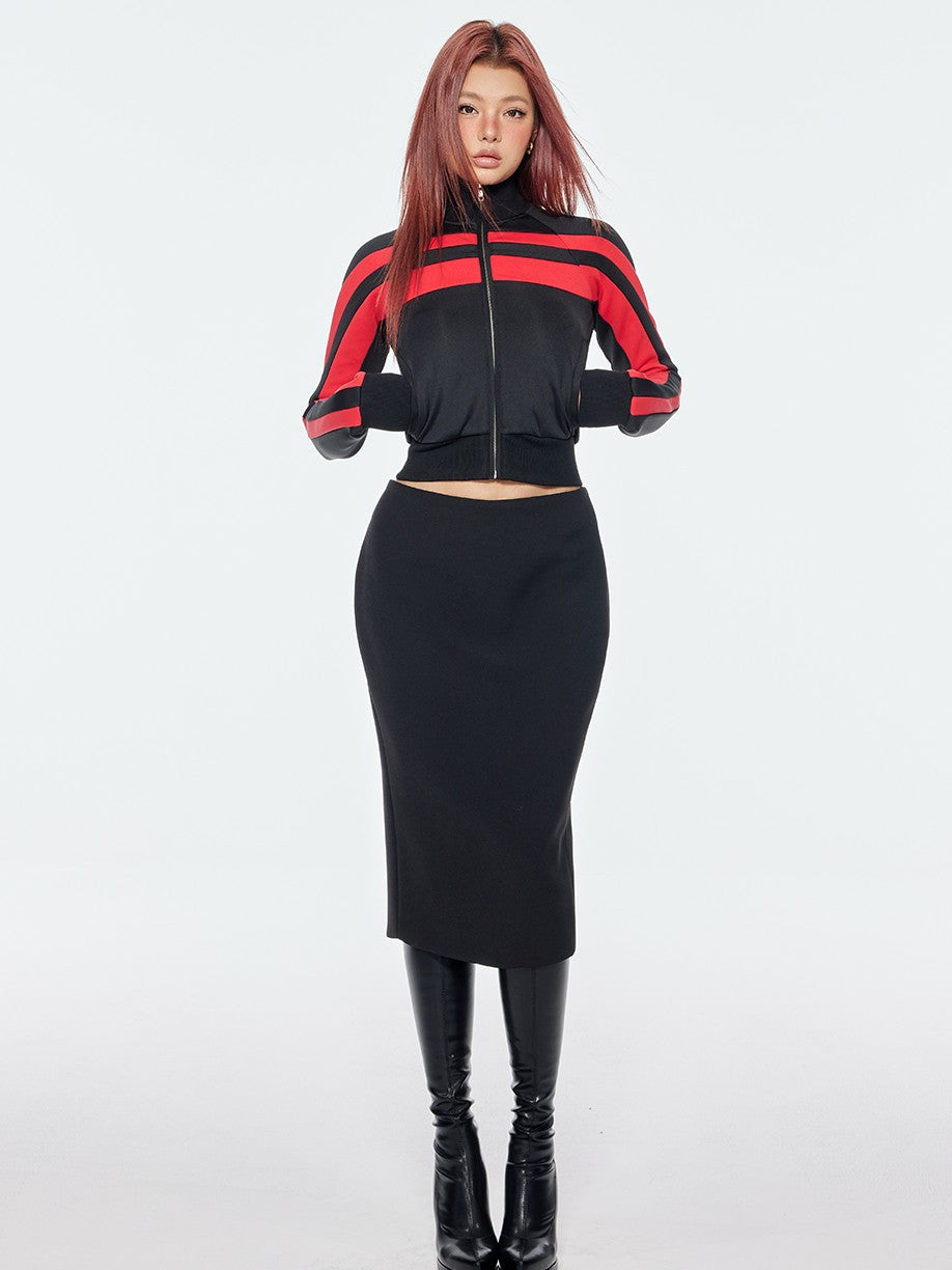 BUM STUDIO Retro Stripe Stand Collar Slim Waist Women's Cotton Blend Tracksuit Sets