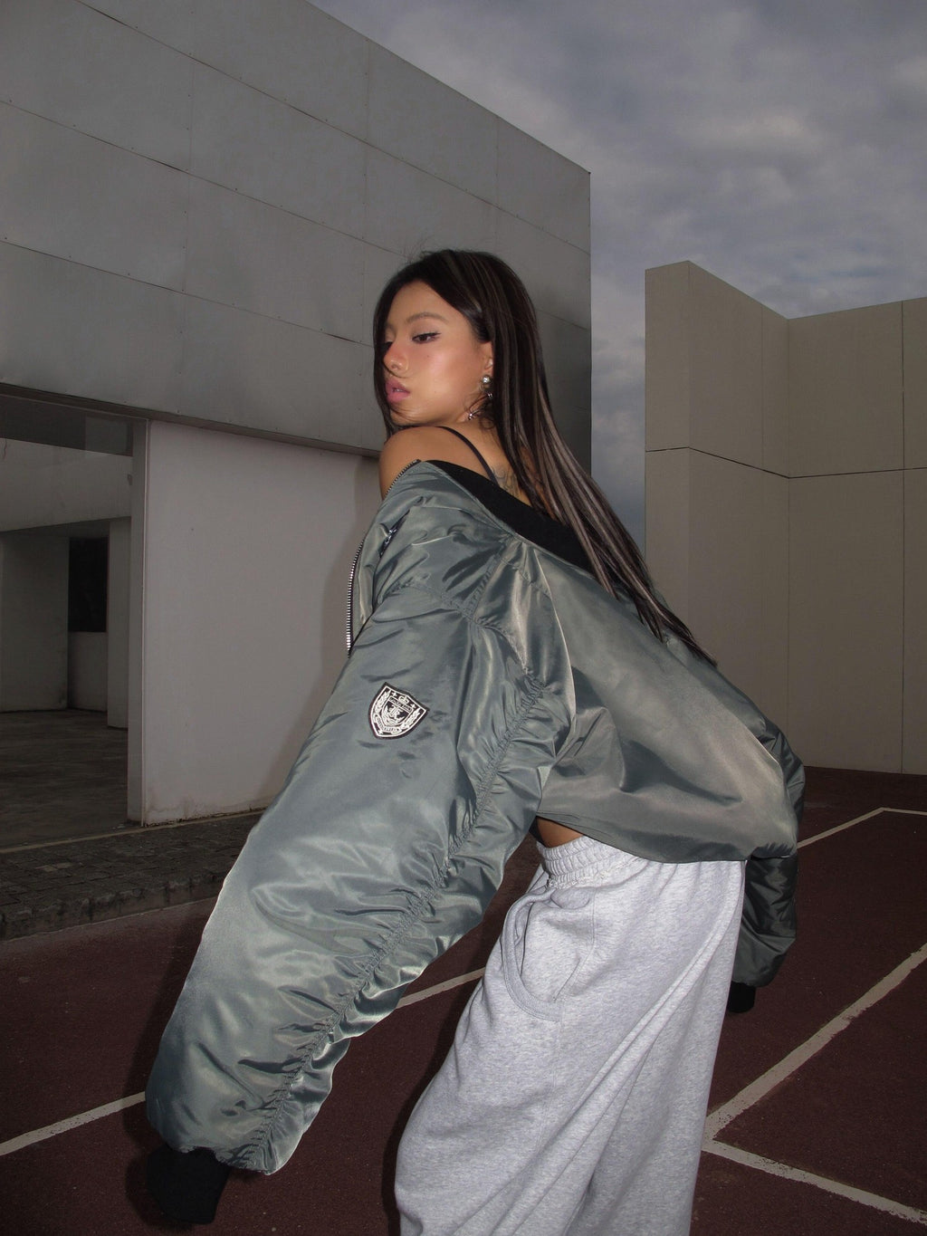 BUM STUDIO Reversible Quilted Padded Letter Patch Women's Nylon Short Baseball Jackets