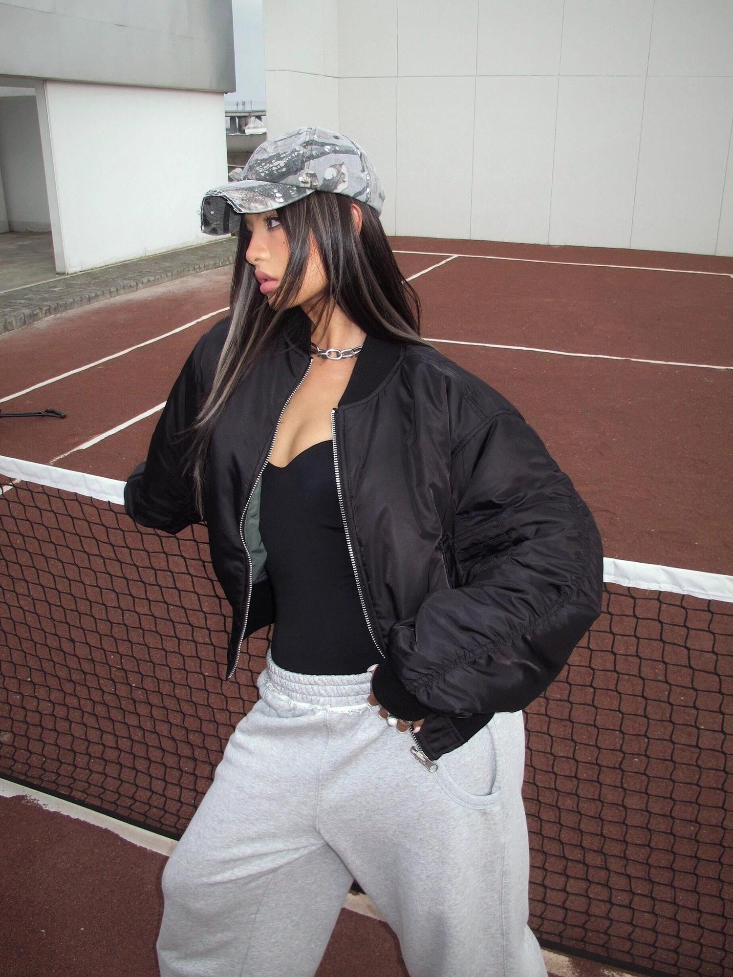 BUM STUDIO Reversible Quilted Padded Letter Patch Women's Nylon Short Baseball Jackets