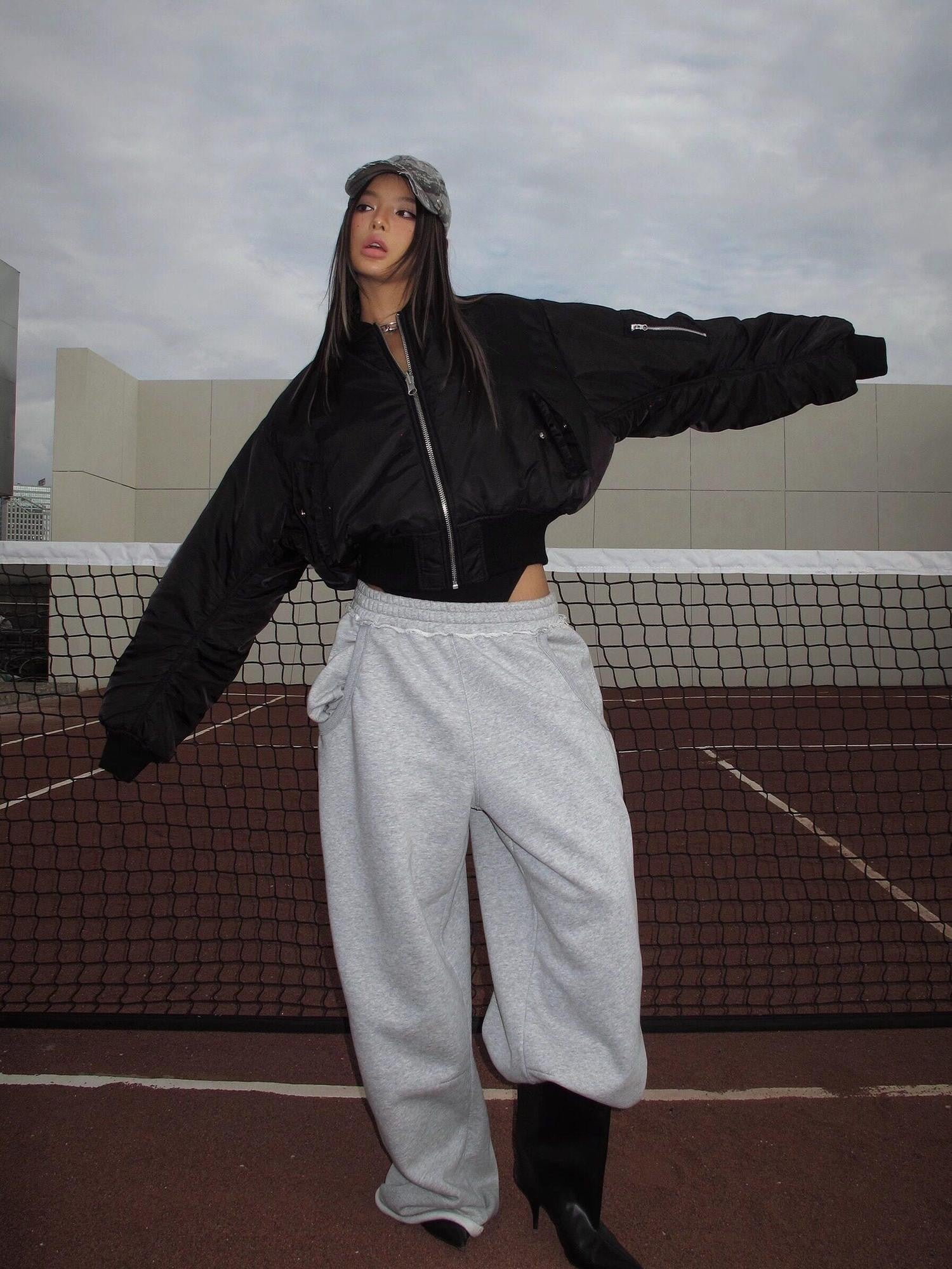 BUM STUDIO Reversible Quilted Padded Letter Patch Women's Nylon Short Baseball Jackets