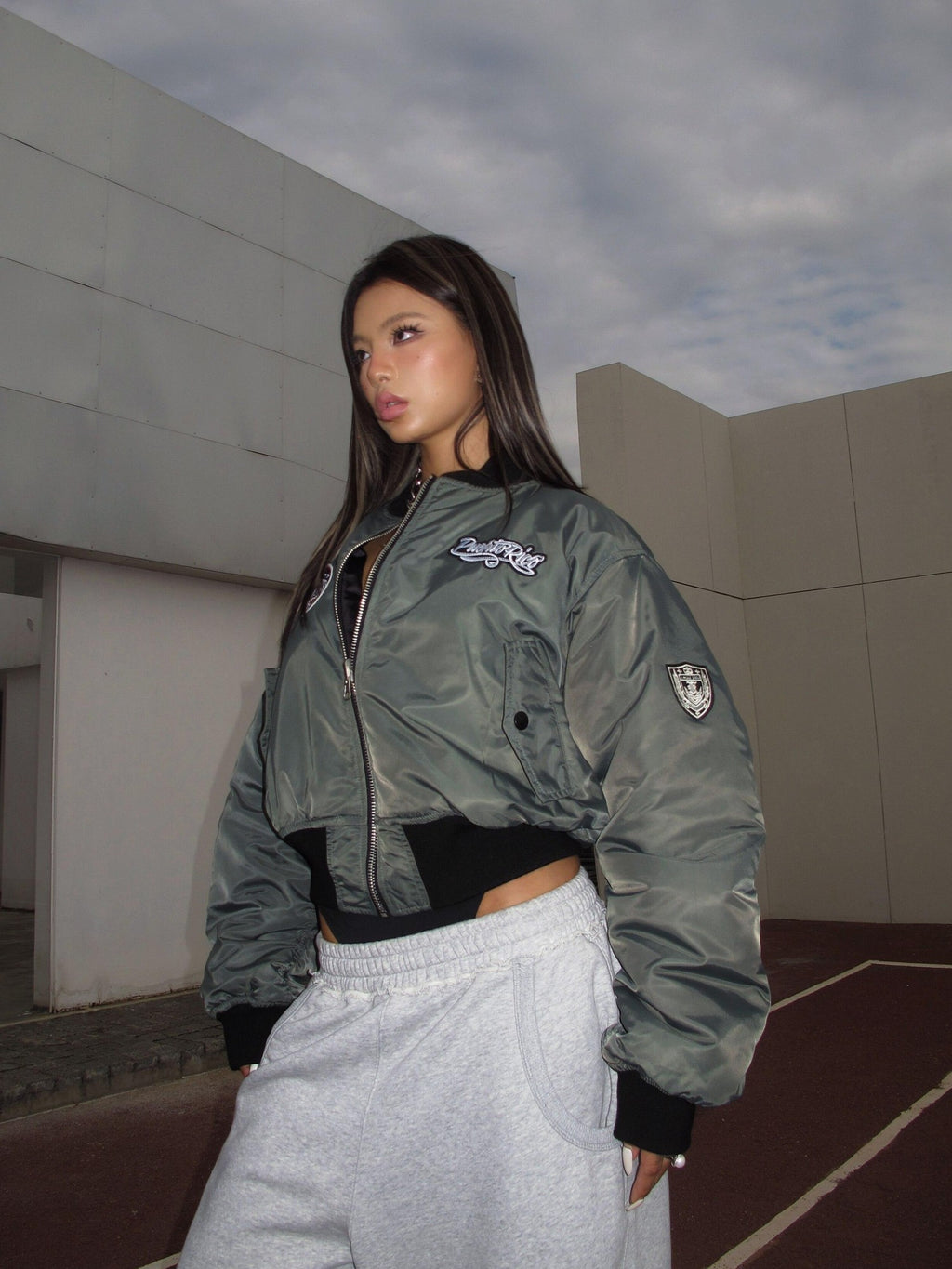 BUM STUDIO Reversible Quilted Padded Letter Patch Women's Nylon Short Baseball Jackets