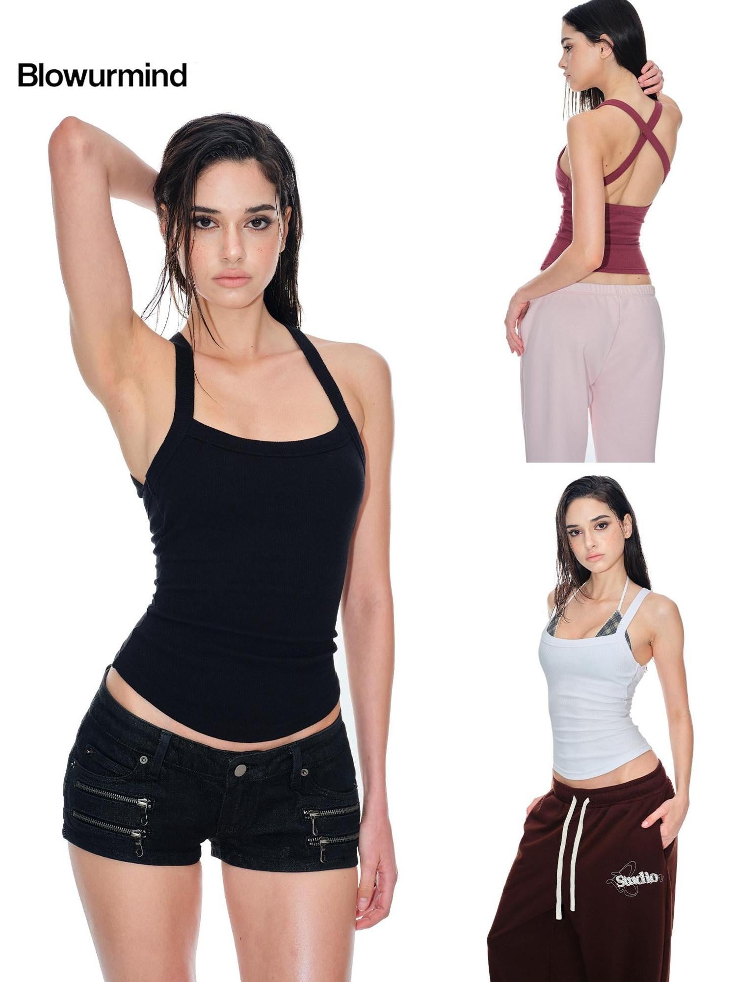 BUM STUDIO Ribbed U Neck Removable Pad Narrow Strap Beautiful Back Women's Cotton Tank Tops
