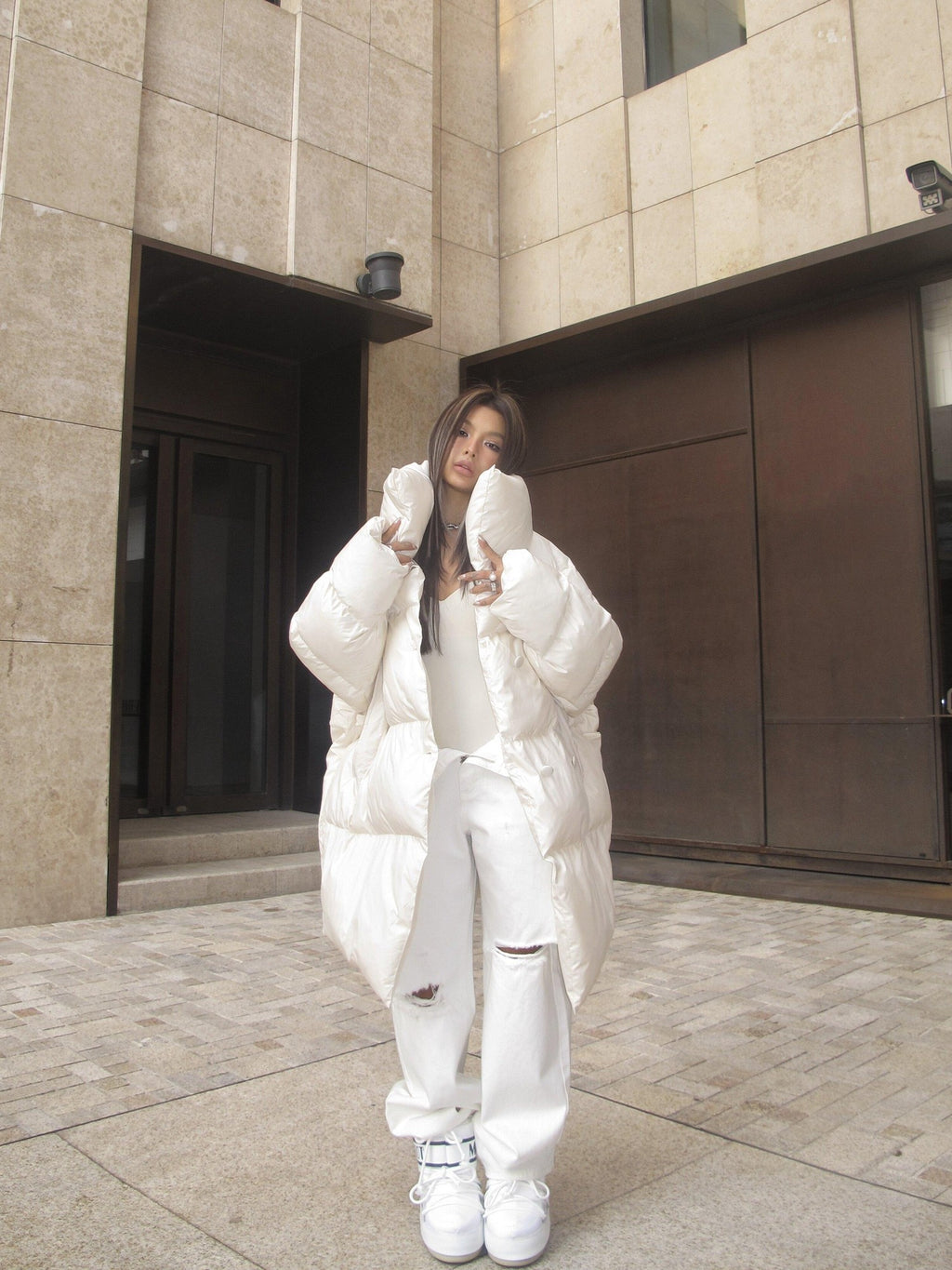 BUM STUDIO Sand Oversized Lapel Padded Minimalist Women's Polyester Lined Down Jackets