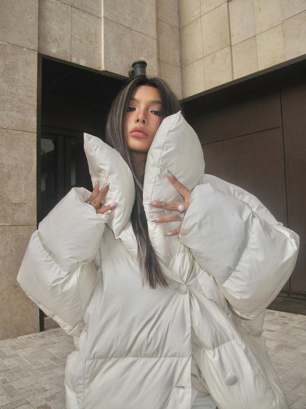 BUM STUDIO Sand Oversized Lapel Padded Minimalist Women's Polyester Lined Down Jackets