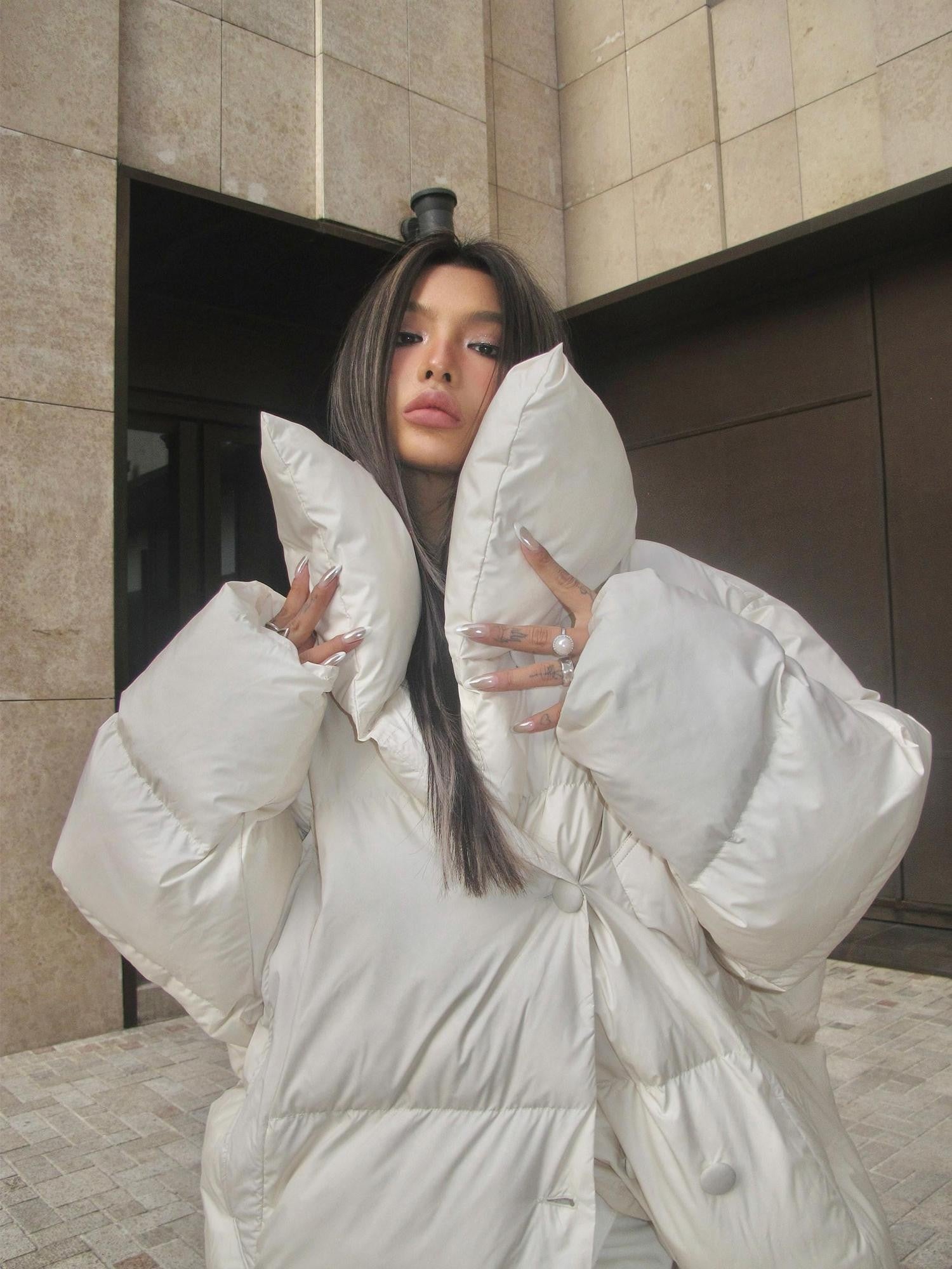 BUM STUDIO Sand Oversized Lapel Padded Minimalist Women's Polyester Lined Down Jackets
