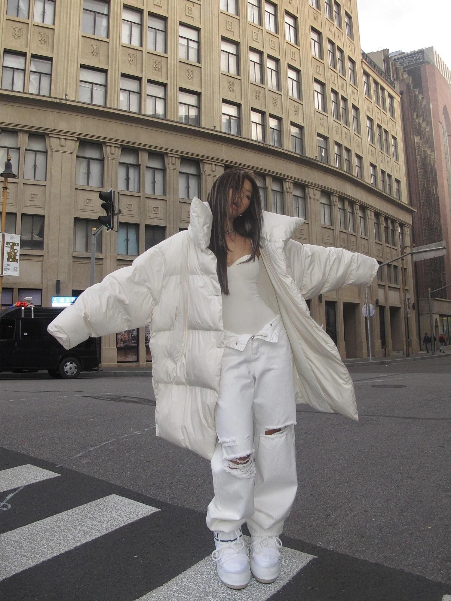BUM STUDIO Sand Oversized Lapel Padded Minimalist Women's Polyester Lined Down Jackets