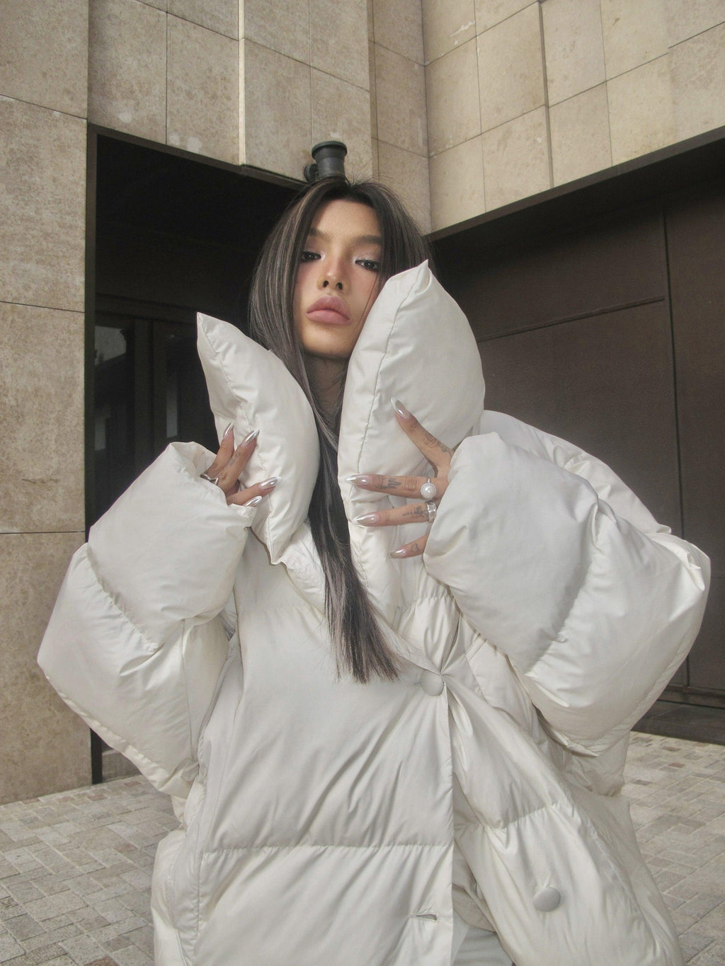 BUM STUDIO Sand Oversized Lapel Padded Minimalist Women's Polyester Lined Down Jackets