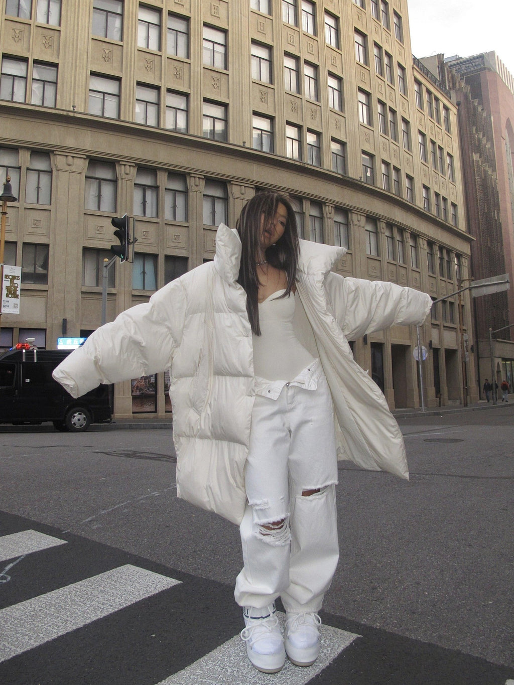 BUM STUDIO Sand Oversized Lapel Padded Minimalist Women's Polyester Lined Down Jackets