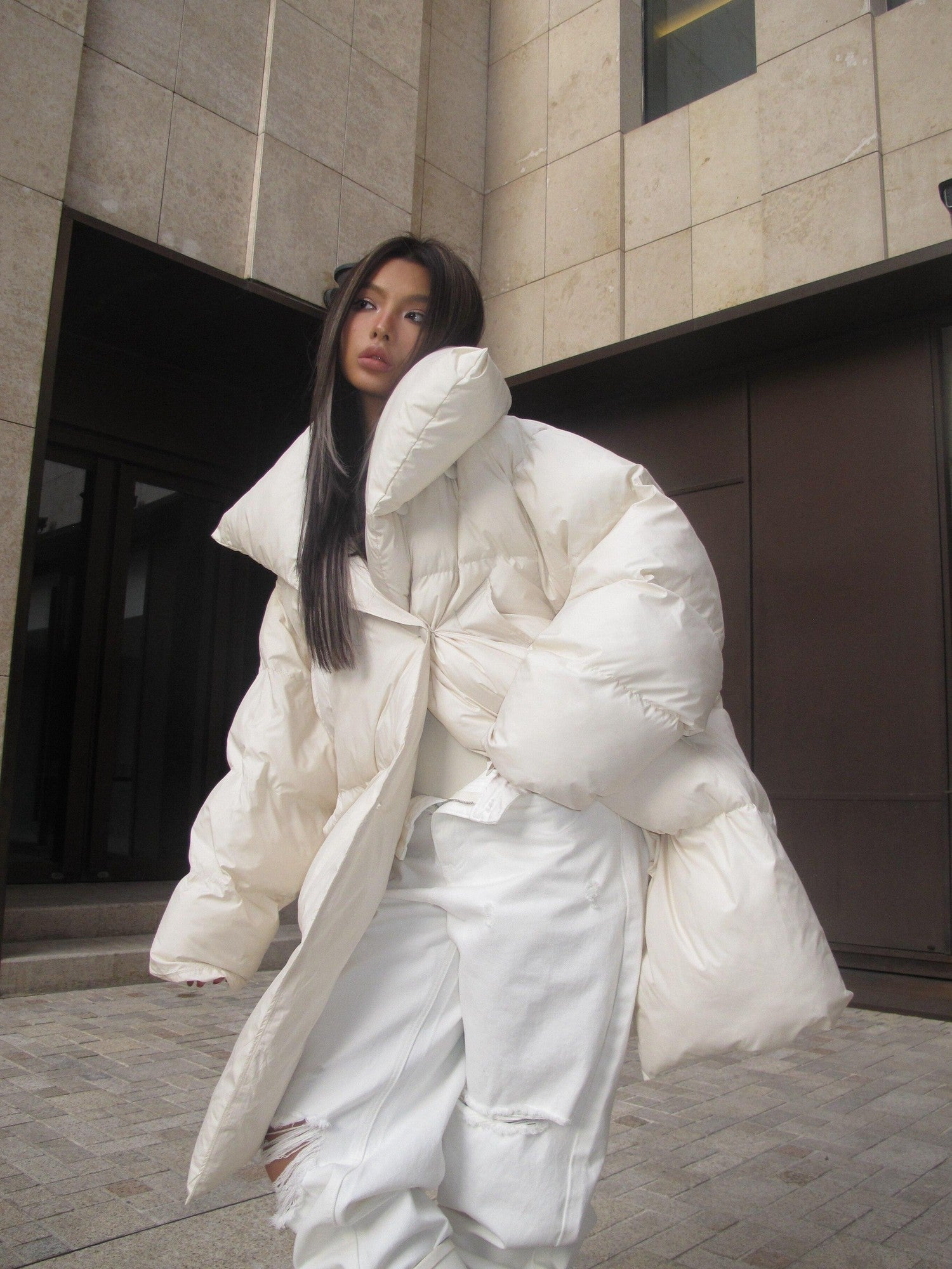 BUM STUDIO Sand Oversized Lapel Padded Minimalist Women's Polyester Lined Down Jackets