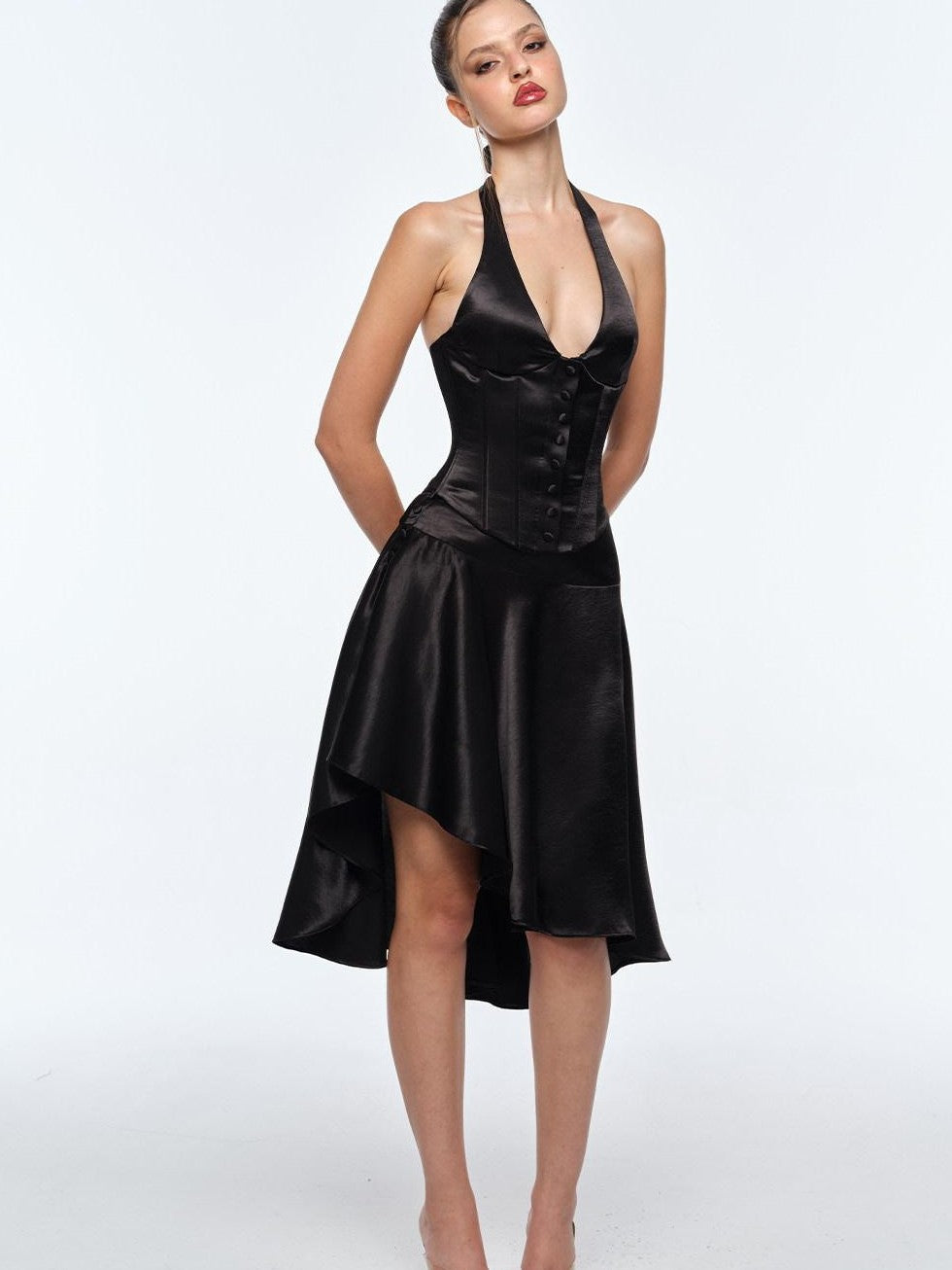 BUM STUDIO Satin Mercerized Drape Asymmetrical Low Rise Women's A Line Midi Skirts