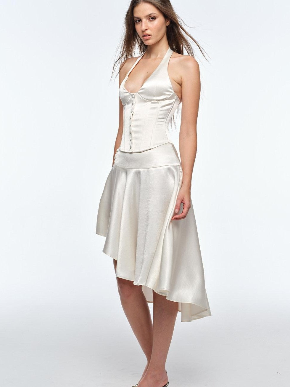BUM STUDIO Satin Mercerized Drape Asymmetrical Low Rise Women's A Line Midi Skirts